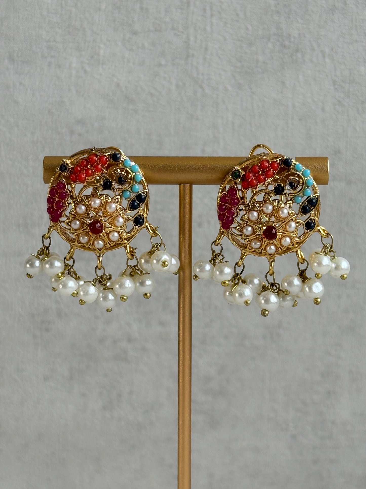 Ayura Designs Rasya Stud Earrings – Multicolour Stones with Pearl Drops & Gold Detailing