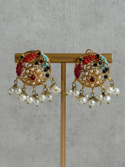 Ayura Designs Rasya Stud Earrings – Multicolour Stones with Pearl Drops & Gold Detailing