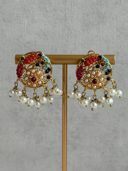 Ayura Designs Rasya Stud Earrings – Multicolour Stones with Pearl Drops & Gold Detailing