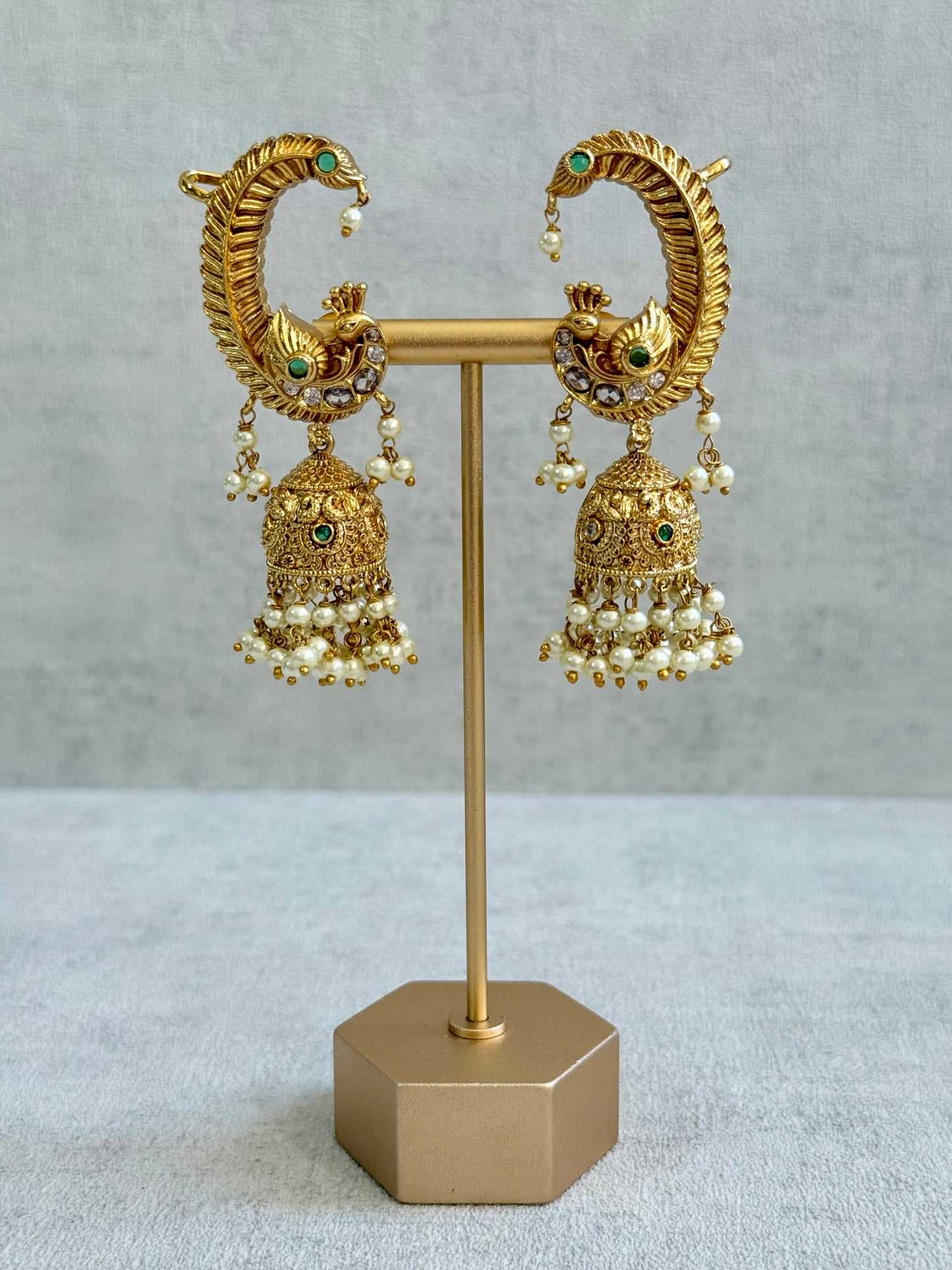 Ayura Designs Mythili Jhumkis – Half Ear Cuffs in Antique Gold with Peacock Design, Emerald Green Stones and Pearl Drops