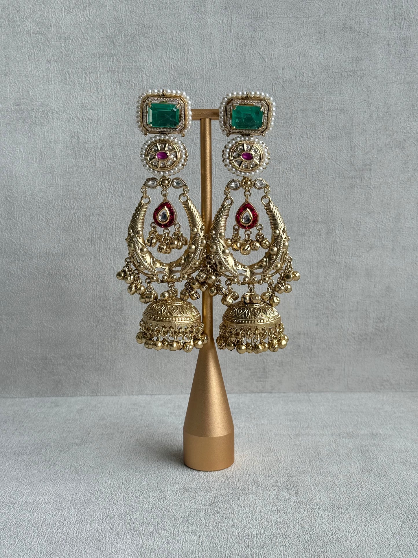 Ayura Designs Zirwa Earrings – Statement Jhumkis with Jade Green Stones, Ruby Accents, Pearl Borders & Ghungroos