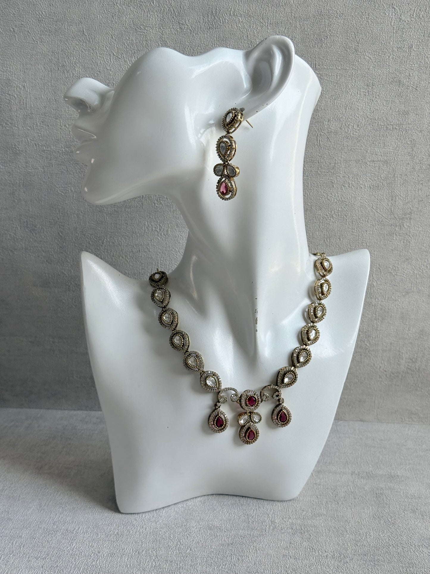 Ayura Designs Bianca Necklace Set with Earrings – Kundan, Ruby Pink Stones, Crystals & Gold Finish