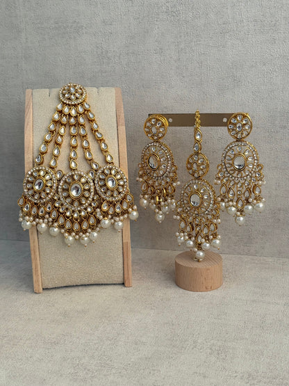 Ayura Designs Zara Set with Necklace, Earrings, Tikka & Passa – Antique Gold with Kundan Detailing & Ivory Pearl Drops