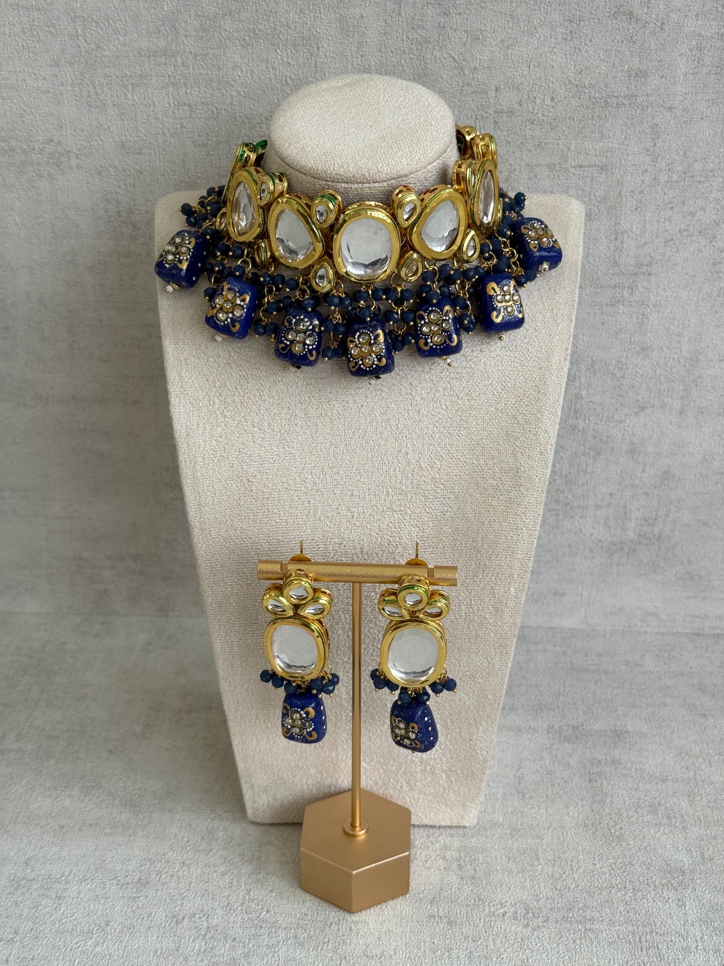 Ayura Designs Gyan Set With Choker And Earrings – Kundan Stones And Navy Blue Meenakari Drops