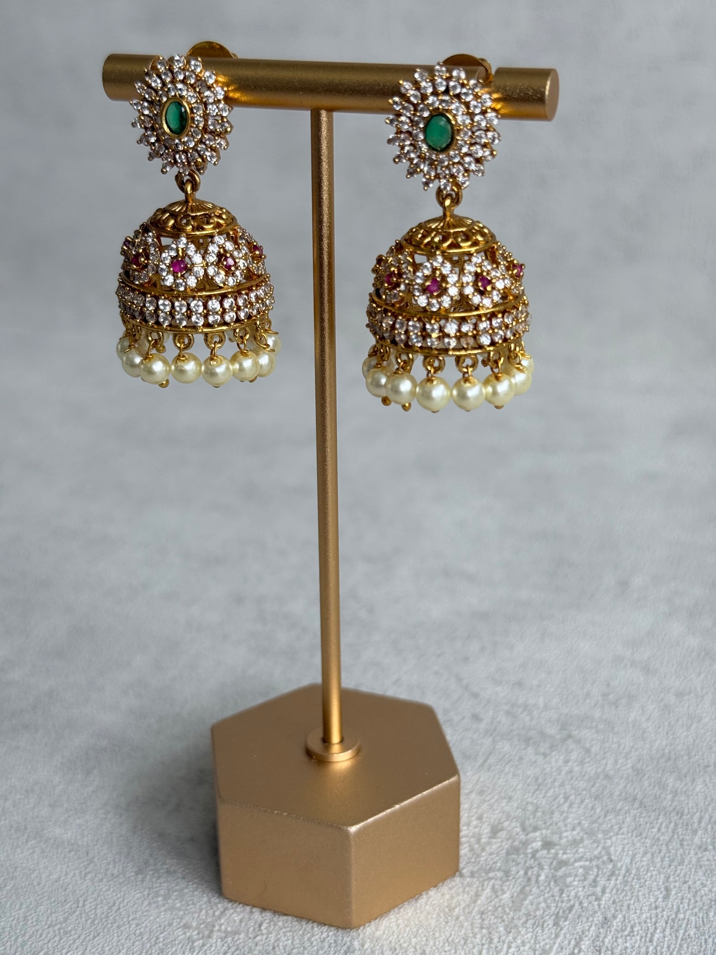 Ayura Designs Ela Jhumkis – Emerald Green Studs with Crystal Floral Jhumkis & Pearl Drops