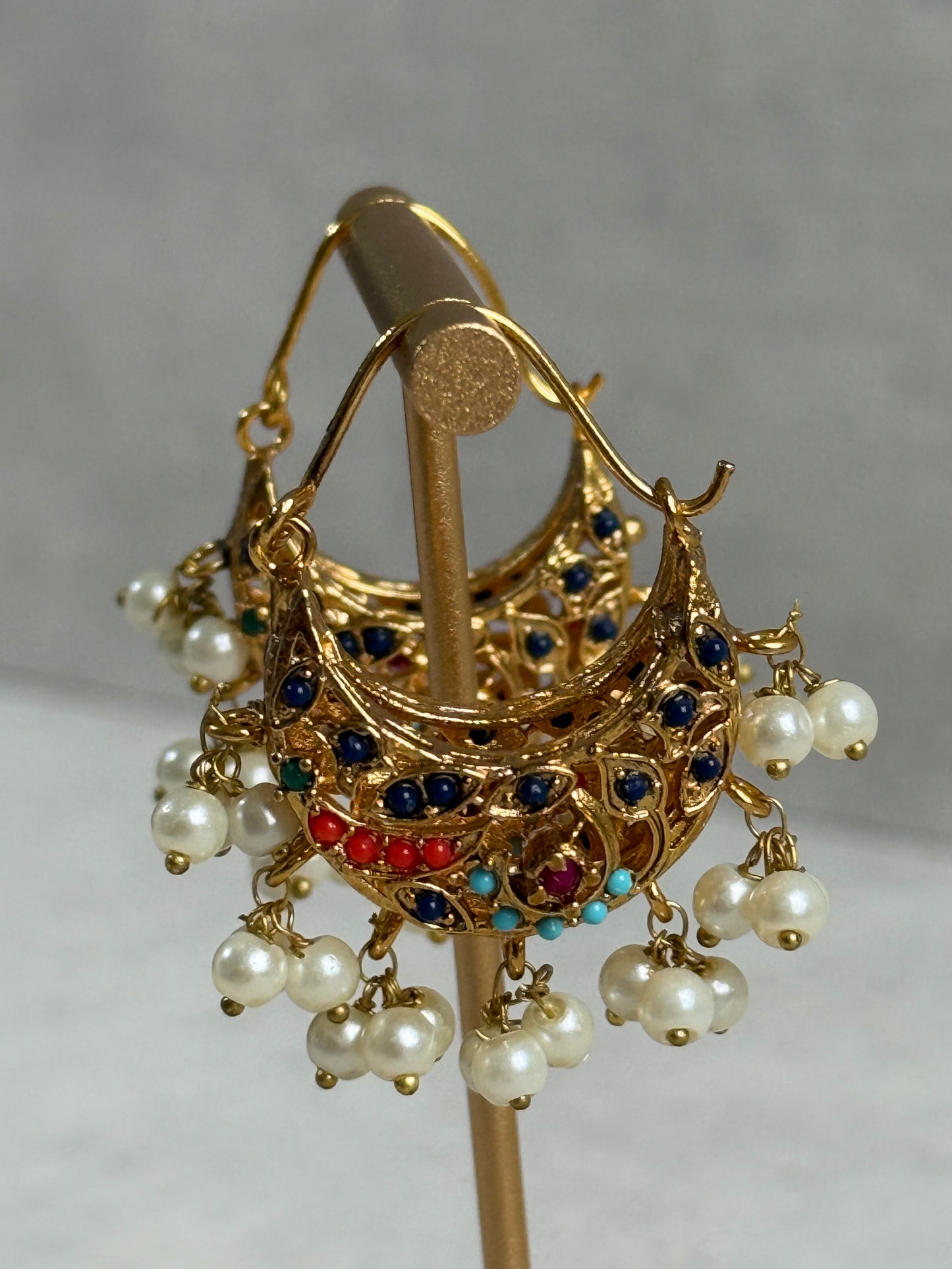Ayura Designs Rasam Balis – Antique Gold Hoops with Multicolour Stones & Pearl Clusters