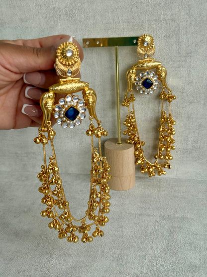 Ayura Designs Meelan Earrings – Antique Gold Earrings with Bird Motifs, Navy Stone & Ghungroo Detailing