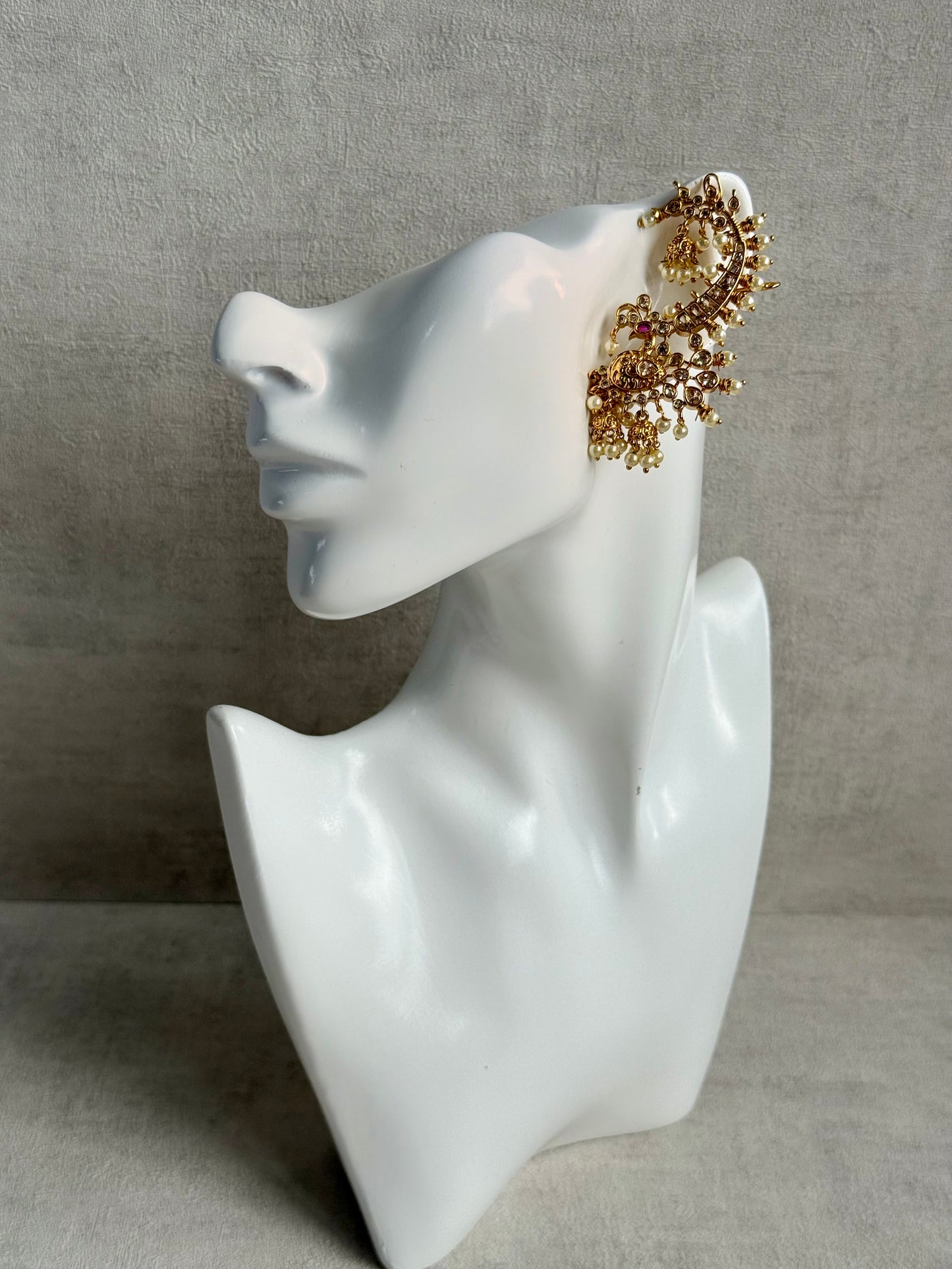 Ayura Designs Megha Half Ear Cuff Earrings – Gold Peacock Motif with Kundan Crystals, Pink Stone Accents & Pearl Jhumka Drops