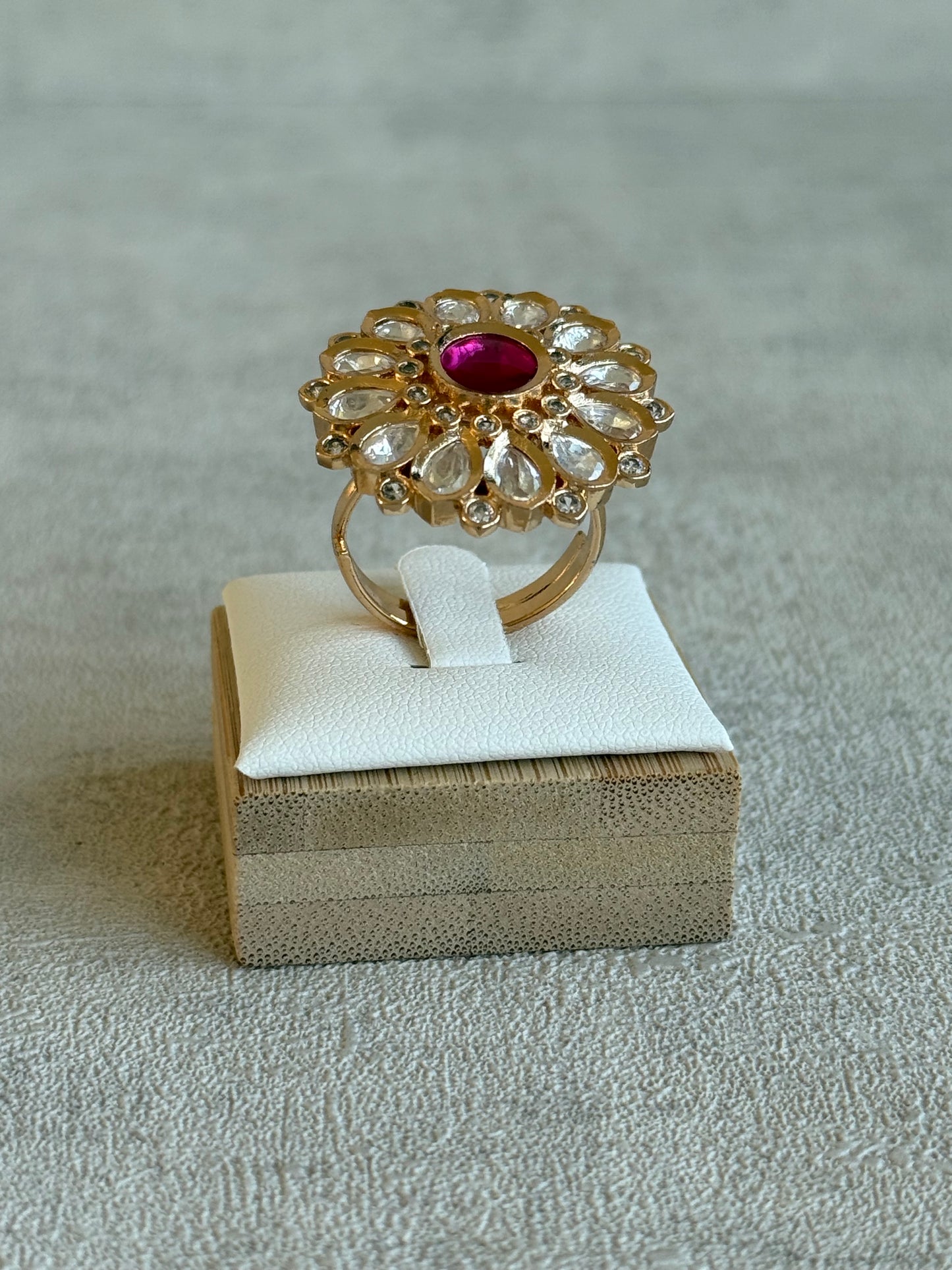 Ayura Designs Luisa Adjustable Ring – Pink Centre Stone with Crystal Petal Detailing