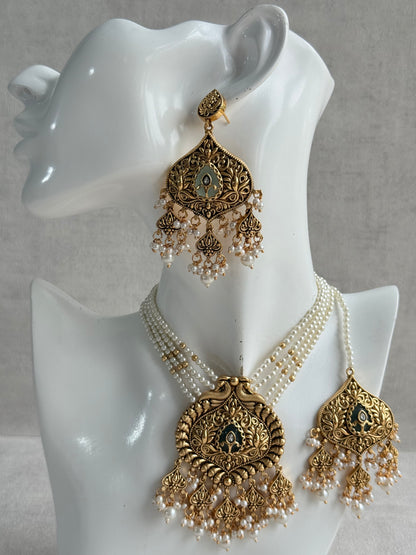 Ayura Designs Afia Necklace Set with Earrings & Tikka – Antique Gold, Ivory Pearls, Green Centre Stone & Peacock Motifs