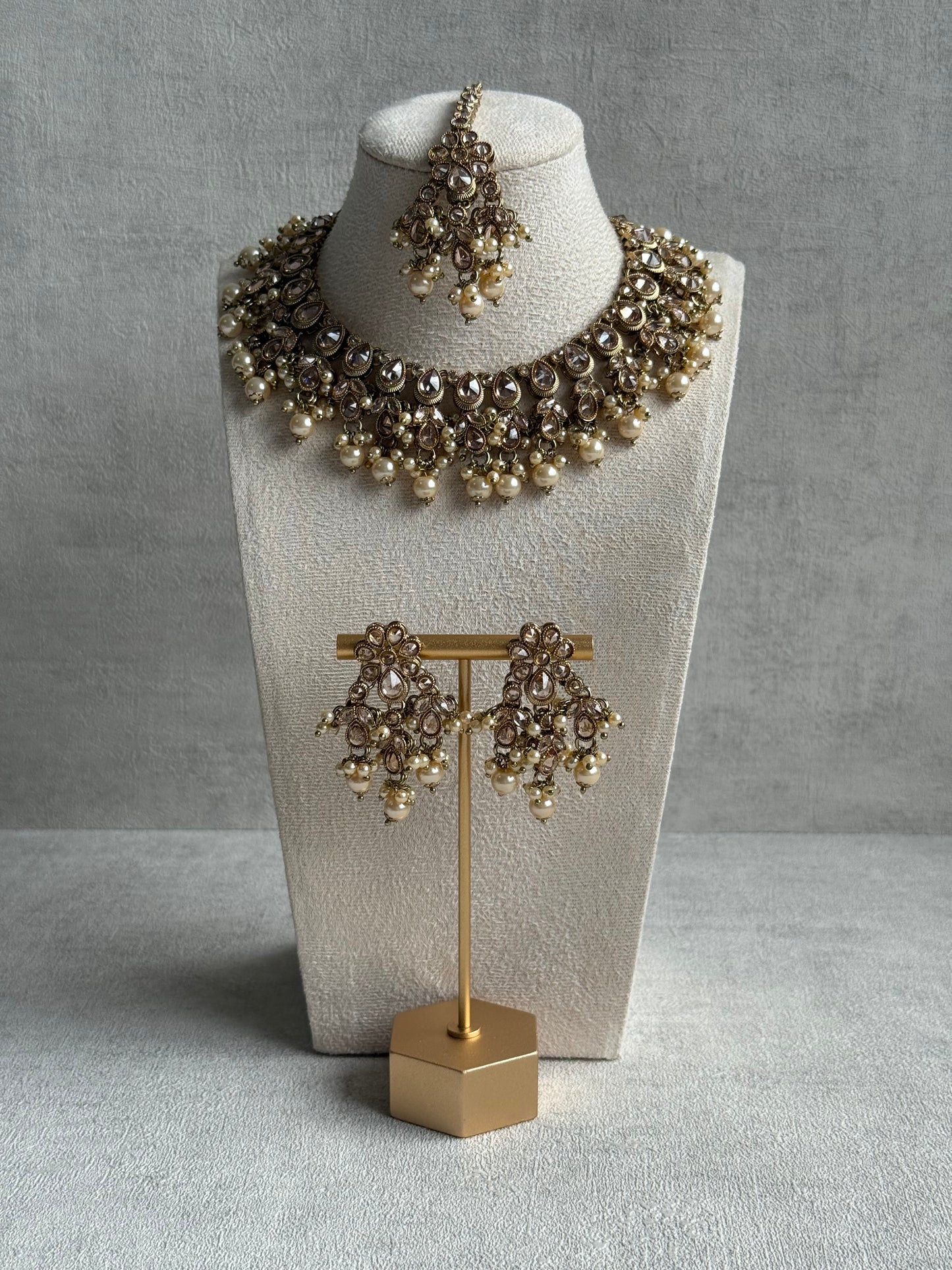 Ayura Designs Rameen Set – Necklace, Earrings & Tikka with Champagne Stones, Ivory Pearls & Antique Gold Finish