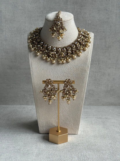Ayura Designs Rameen Set – Necklace, Earrings & Tikka with Champagne Stones, Ivory Pearls & Antique Gold Finish