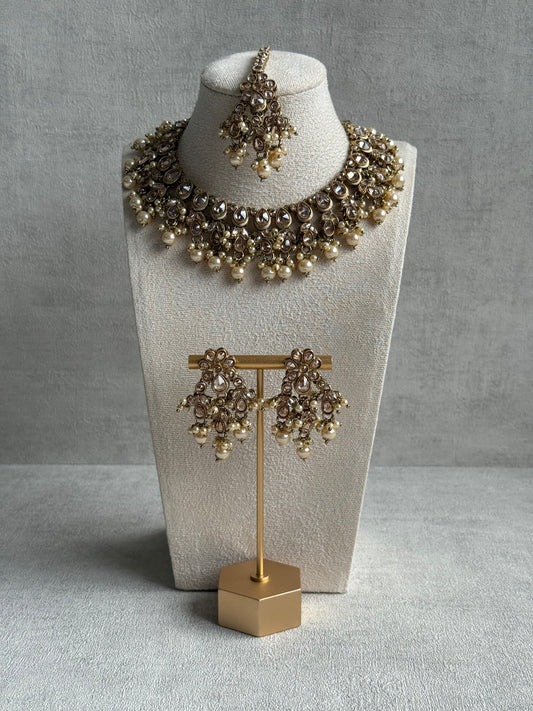 Ayura Designs Rameen Set – Necklace, Earrings & Tikka with Champagne Stones, Ivory Pearls & Antique Gold Finish