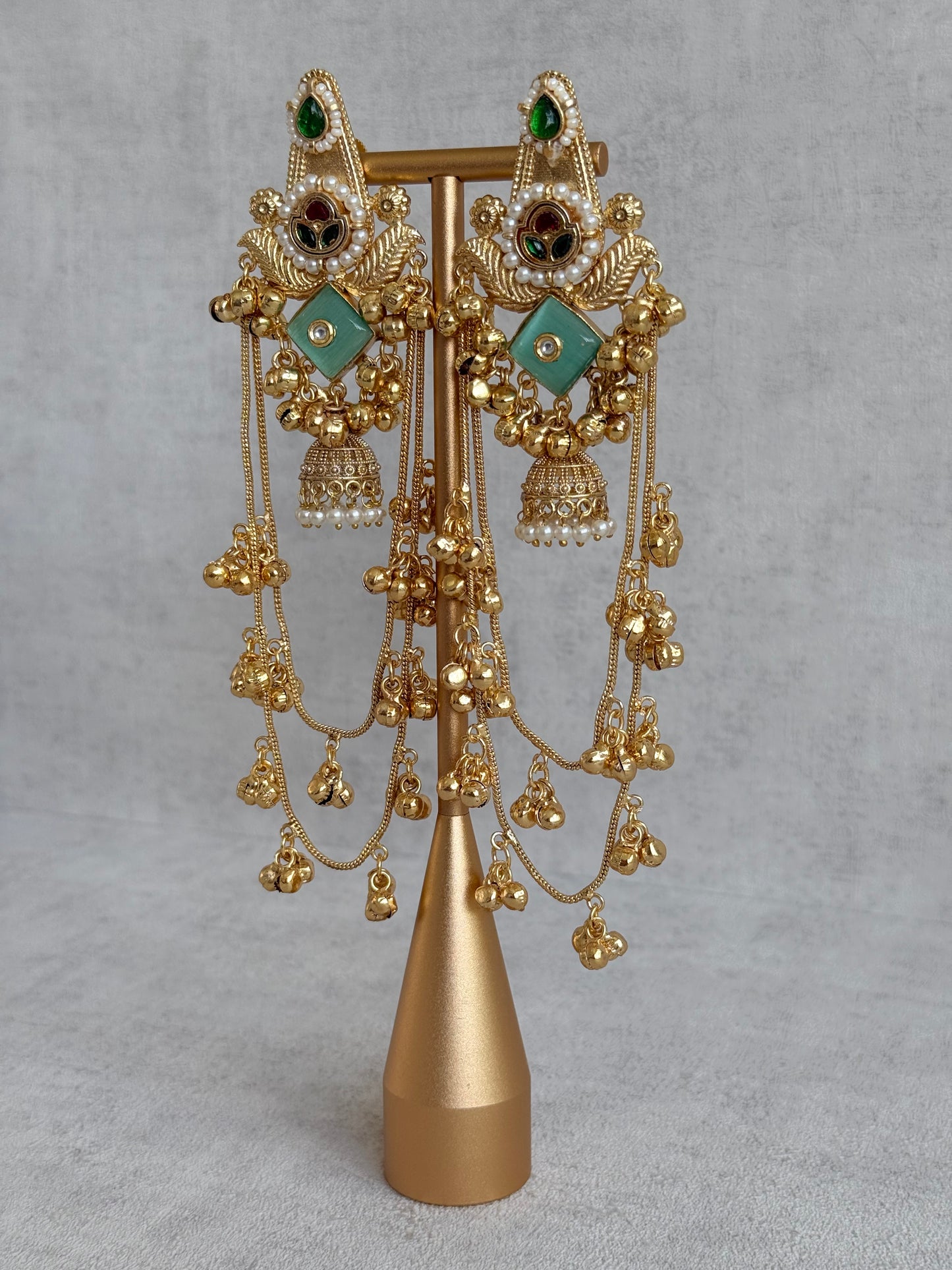 Ayura Designs Simal Earrings – Kashmiri Earrings with Mint Stone, Multicoloured Detailing, Layered Ghungroo Chains & Jhumkis