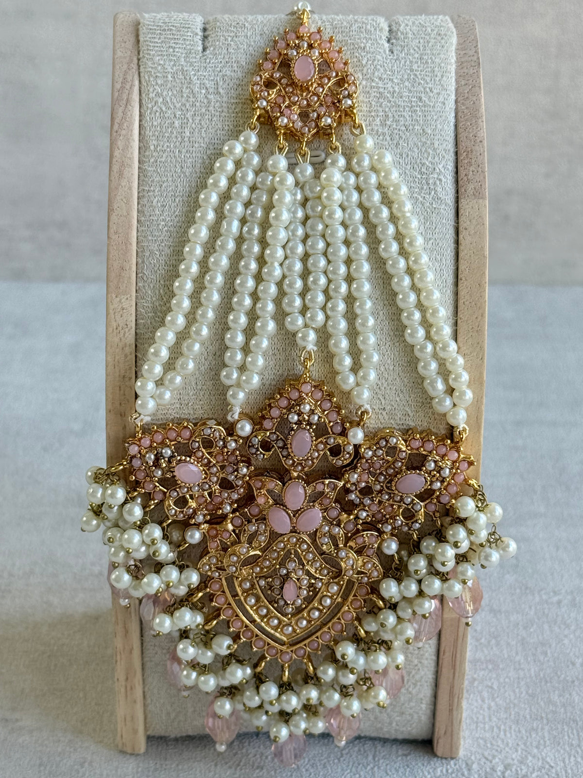 Ayura Designs Zahara Jhoomar Passa – Blush Pink Stones, Ivory Pearls & Gold Finish