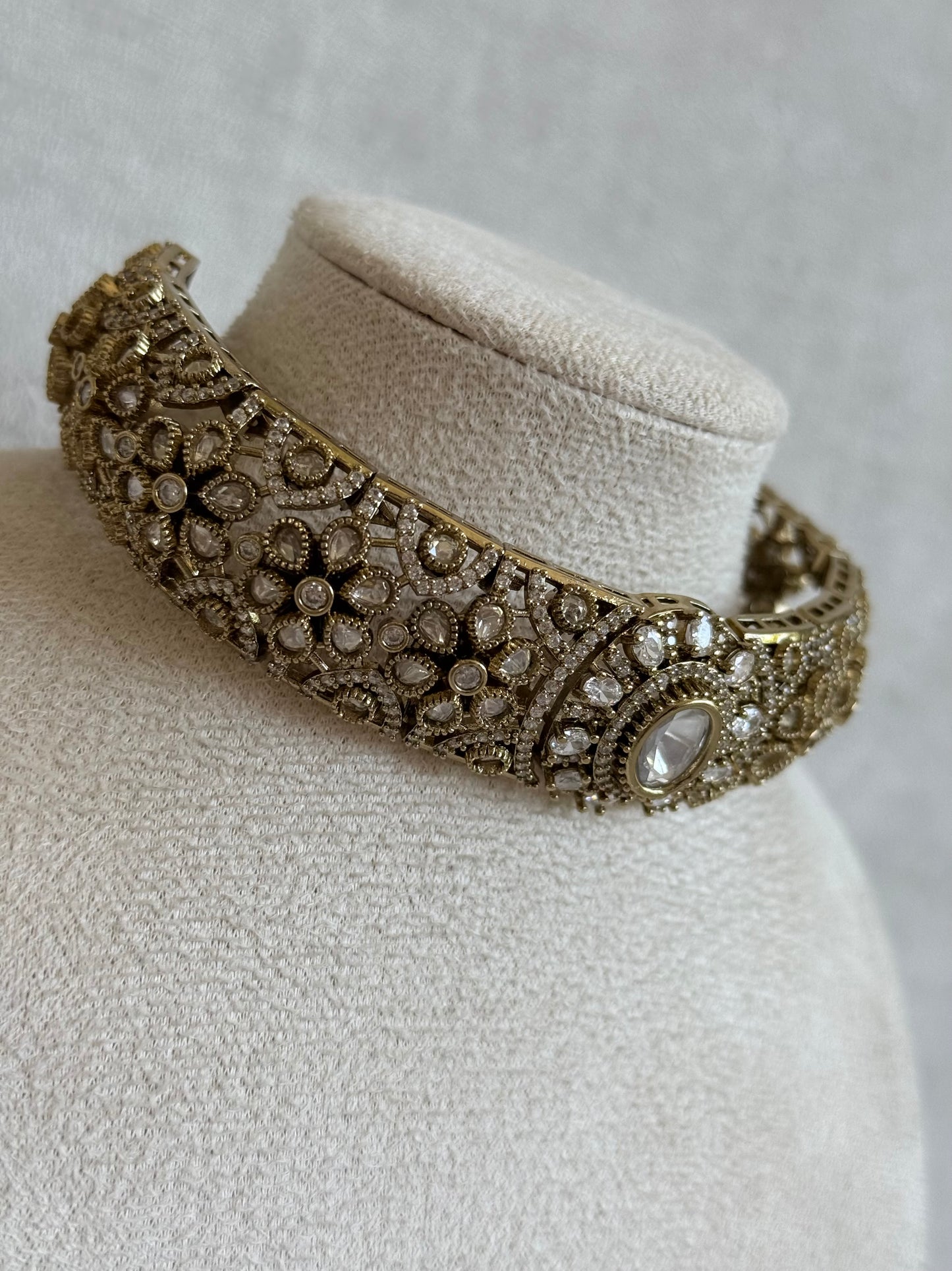 Ayura Designs Genevieve Choker Set with Studs – Crystal Kundan in Antique Gold