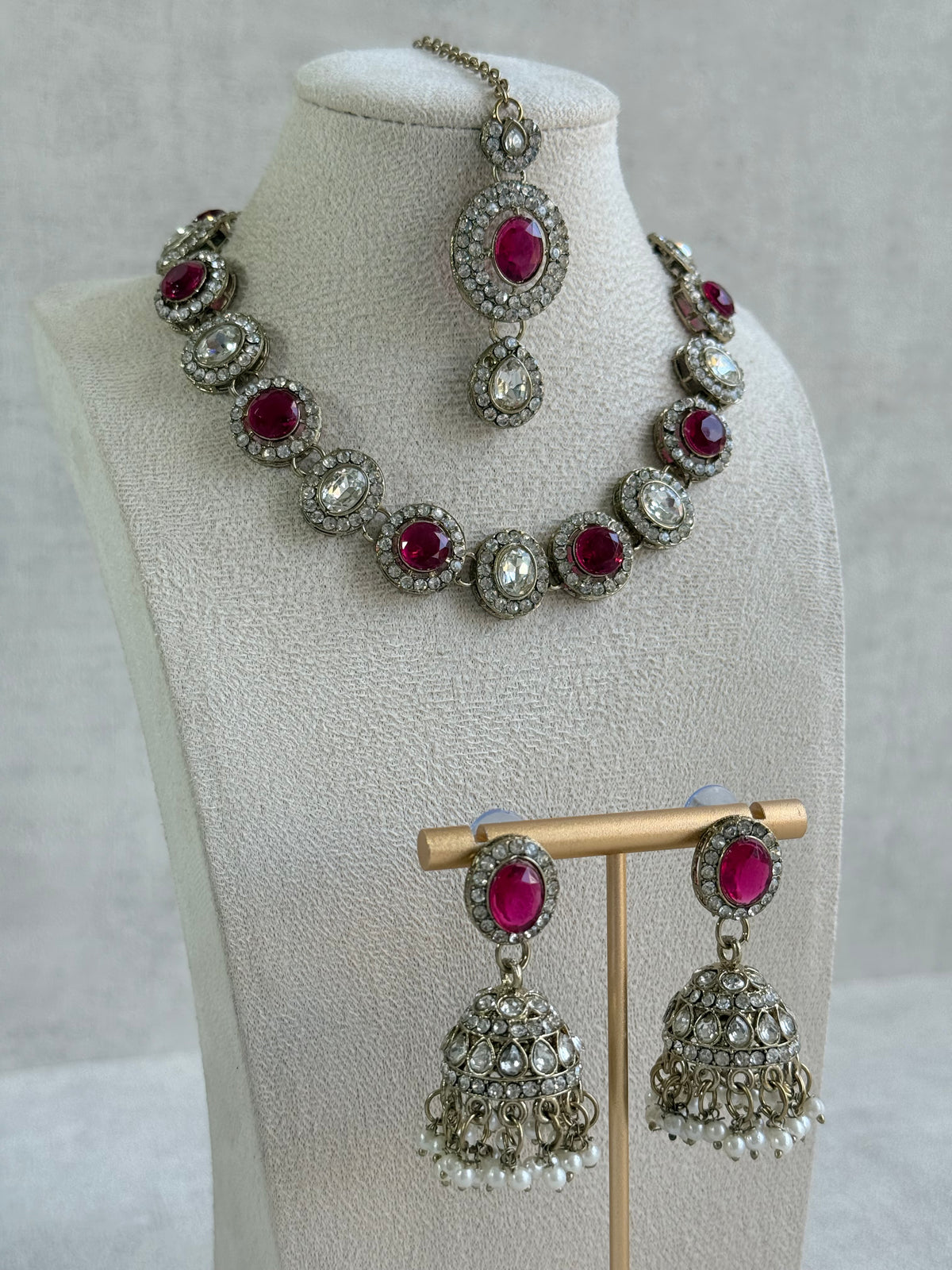Ayura Designs Eira Necklace Set with Earrings & Tikka – Rani Pink & Crystal Stones with Antique Gold Finish