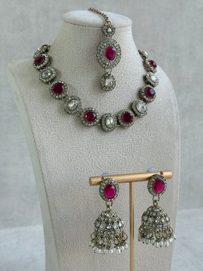 Ayura Designs Eira Necklace Set with Earrings & Tikka – Rani Pink & Crystal Stones with Antique Gold Finish