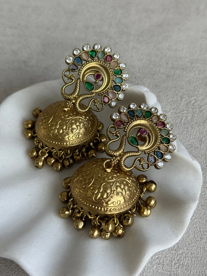 Ayura Designs Moraya Jhumkis – Multicolour Peacock Motif with Antique Gold Detailing