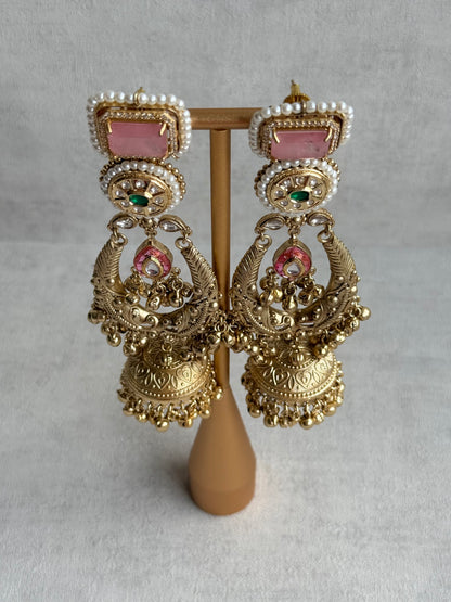 Ayura Designs Zirwa Earrings – Statement Jhumkis with Pink Stones, Green Accents & Pearl Borders & Ghungroos