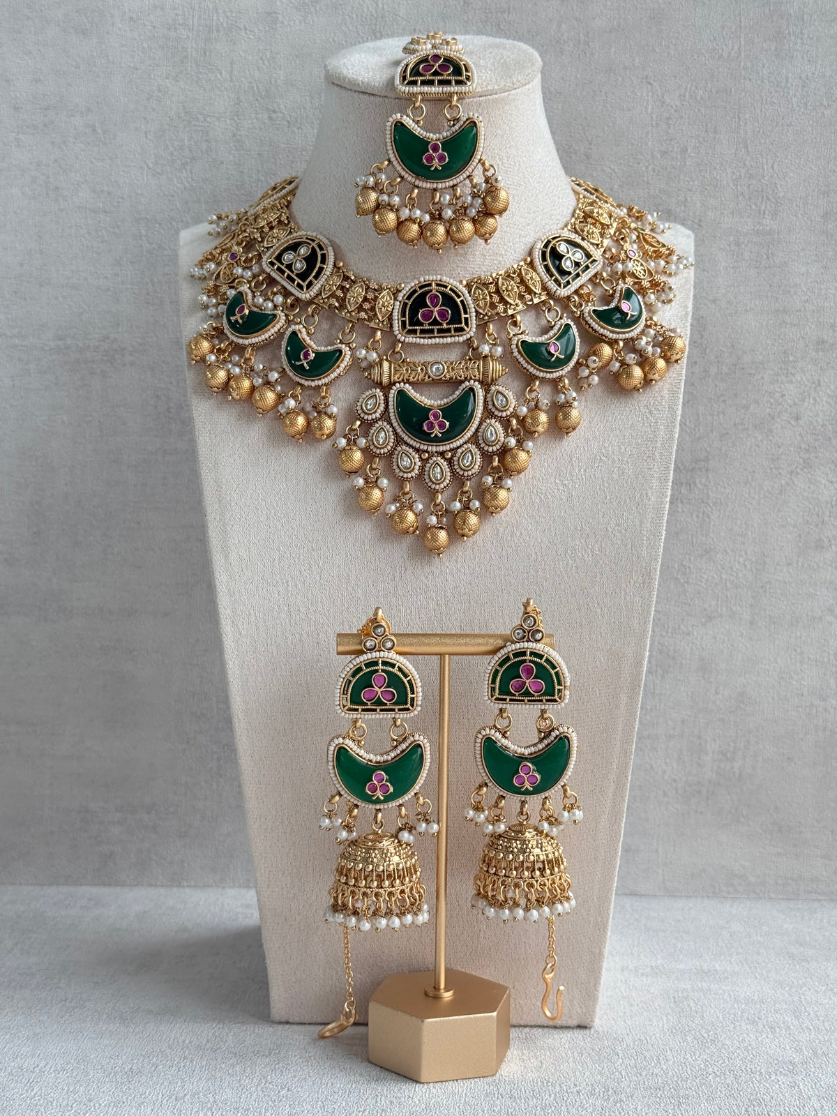Ayura Designs Tafiza Necklace Set with Sahare Jhumki Earrings & Tikka – Emerald Green, Rani Pink, Kundan, Pearls & Antique Gold Finish