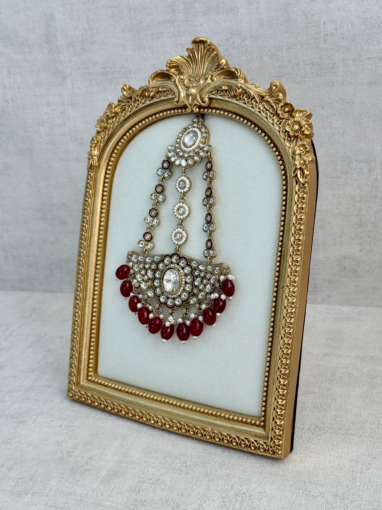 Ayura Designs Uma Jhoomar Passa – Ruby Red Drops with Kundan Stones & Antique Gold Finish