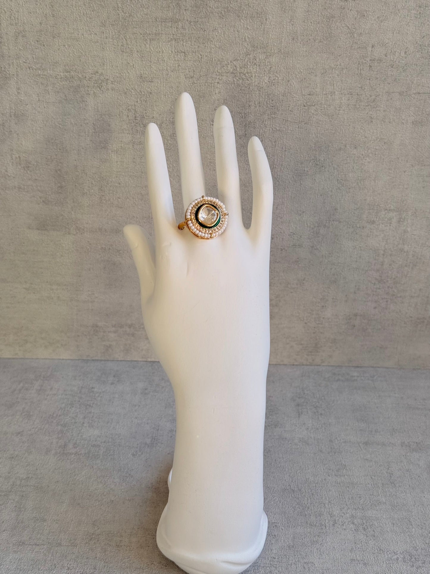 Ayura Designs Roselle Adjustable Ring – Moissanite Centre with Crystal Border & Ivory Pearls