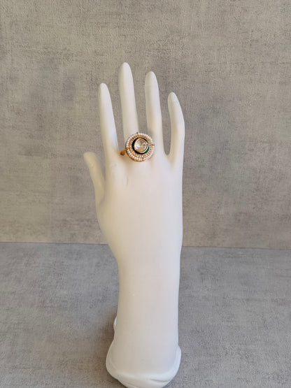 Ayura Designs Roselle Adjustable Ring – Moissanite Centre with Crystal Border & Ivory Pearls