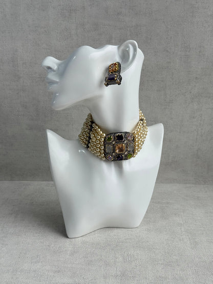 Ayura Designs Amelia Choker Set with Earrings – Moissanite Stonework with Layered Pearls in Antique Silver Finish (Soft Pastel Mix)