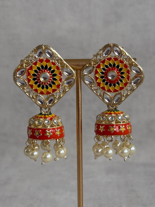 Ayura Designs Rangoli Jhumkis – Marigold Yellow, Ruby Red & Green Meenakari with Pearl Drops in Antique Gold Finish