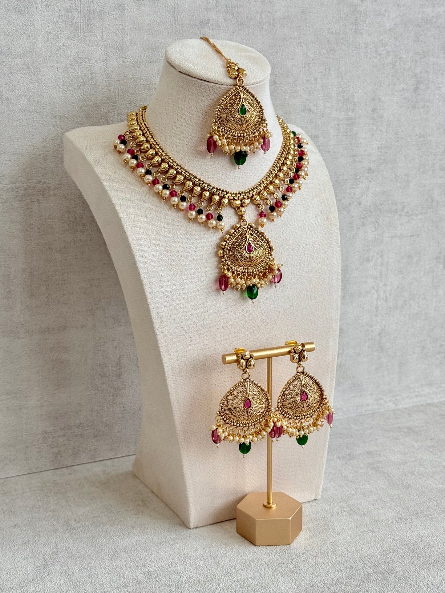 Ayura Designs Hamida Set with Necklace, Earrings & Tikka – Antique Gold with Ruby Pink and Emerald Green Beads & Pearl Detailing