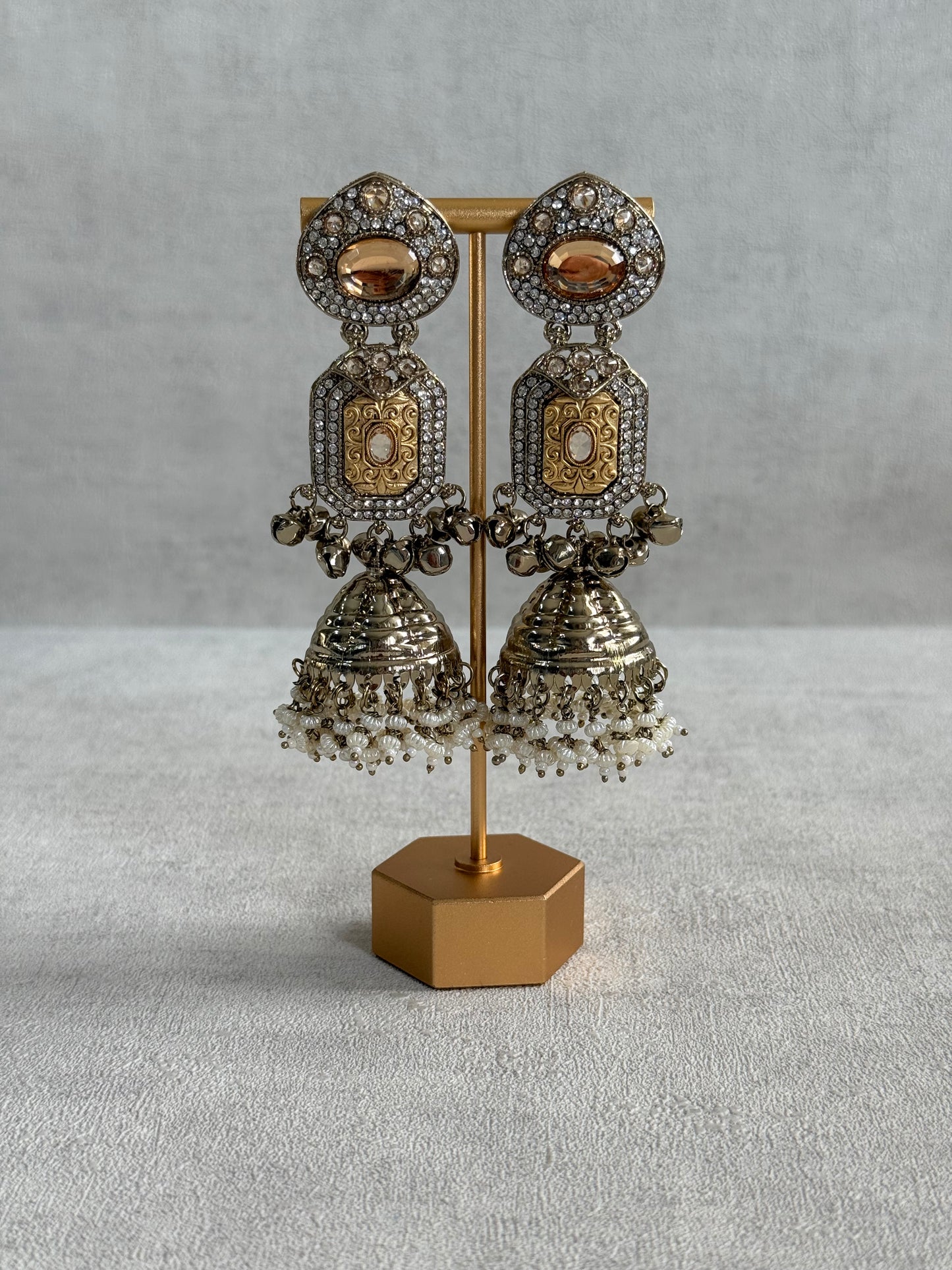 Ayura Designs Maara Jhumkis – Champagne Gold with Champagne Stones, Crystals, Ghungroos & Pearl Detailing