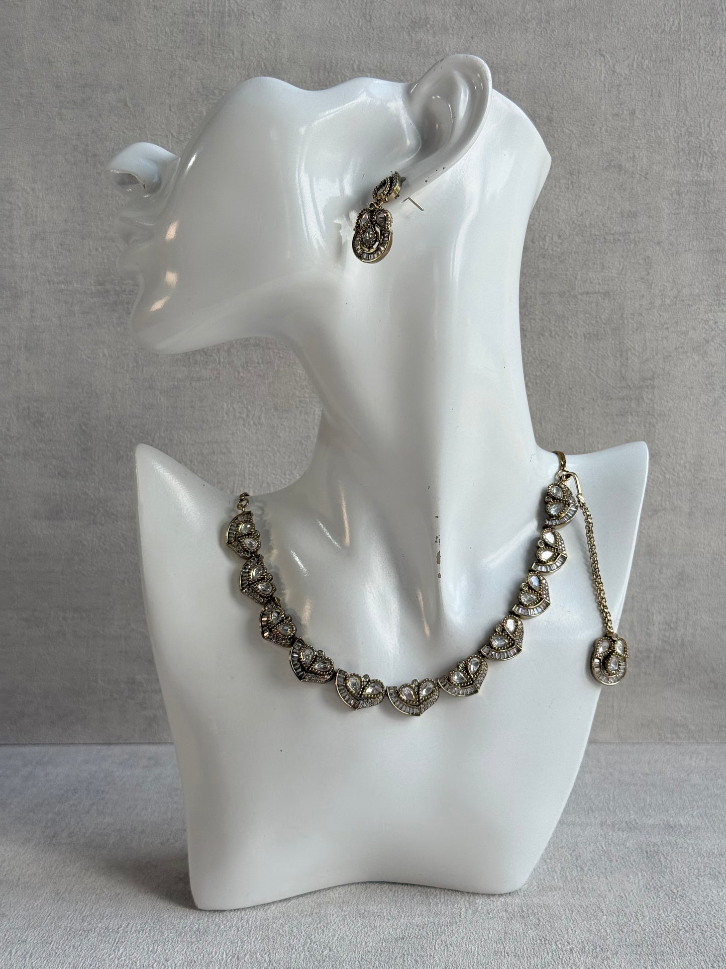Ayura Designs Katalina Necklace Set with Earrings & Tikka – Crystal Detailing & Antique Gold Finish