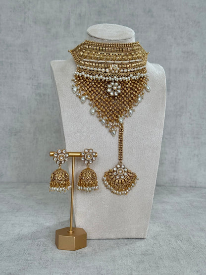 Ayura Designs Zuri Set with Tikka and Jhumkis - Antique Gold, Pearls and Kundan Work