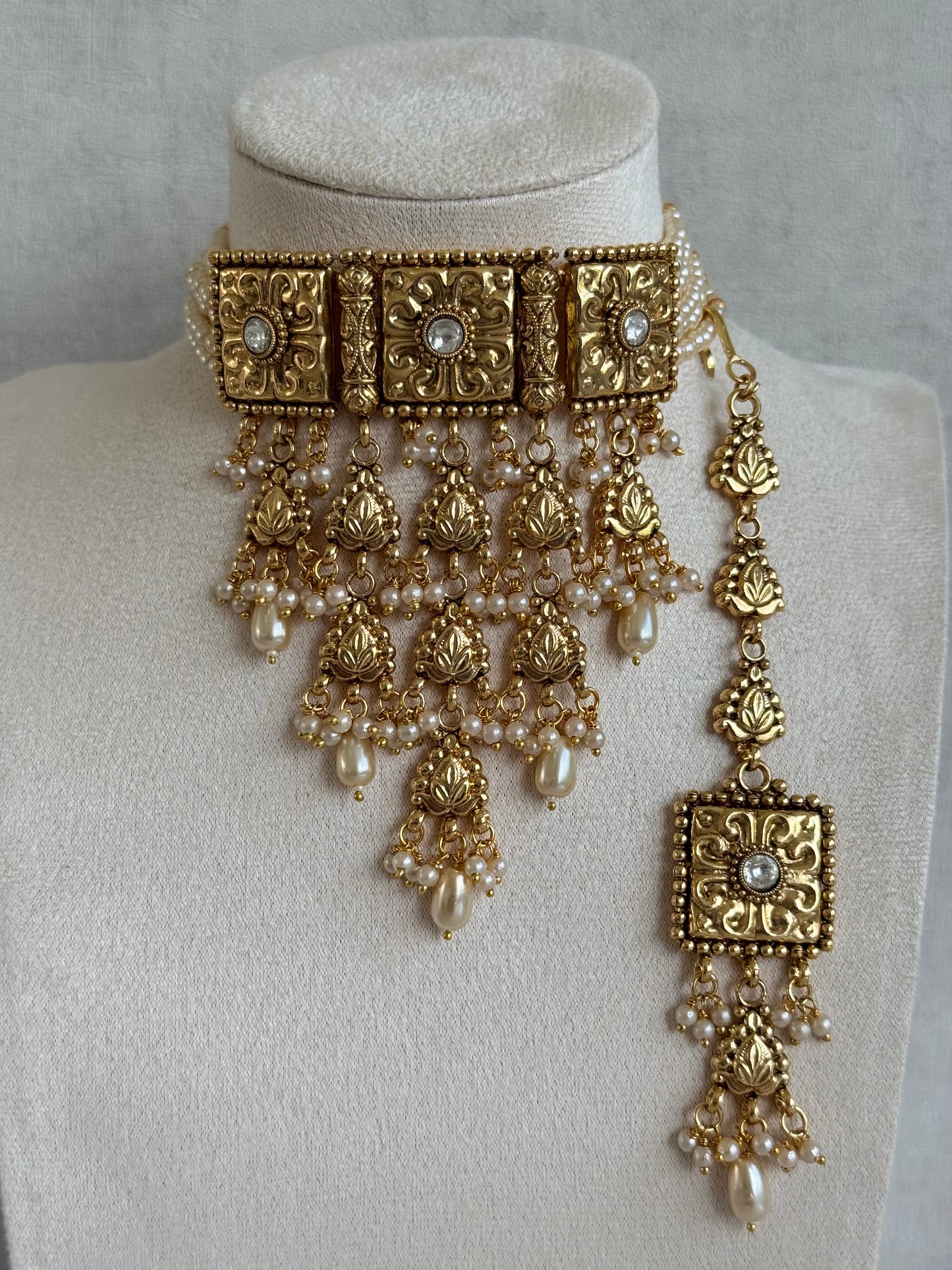 Ayura Designs Nimrah Choker Set with Earrings & Tikka – Ivory Pearl Gold Tone Waterfall Jewellery Set