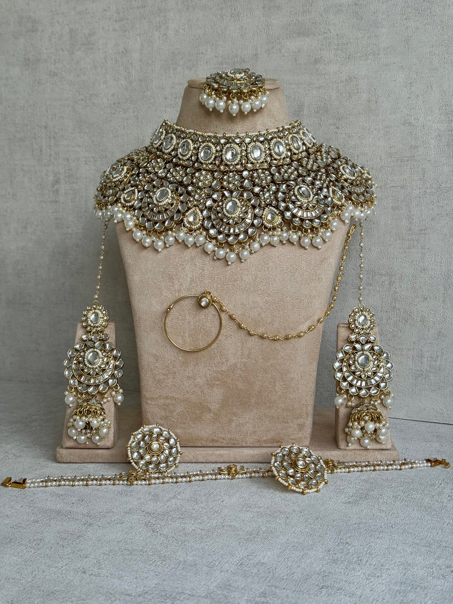 Ayura Designs Meherbano Bridal Set with Necklace, Jhumkis, Tikka, Nath, Ring & Sheeshphool – Mirror-Cut Stones with Pearl Detailing