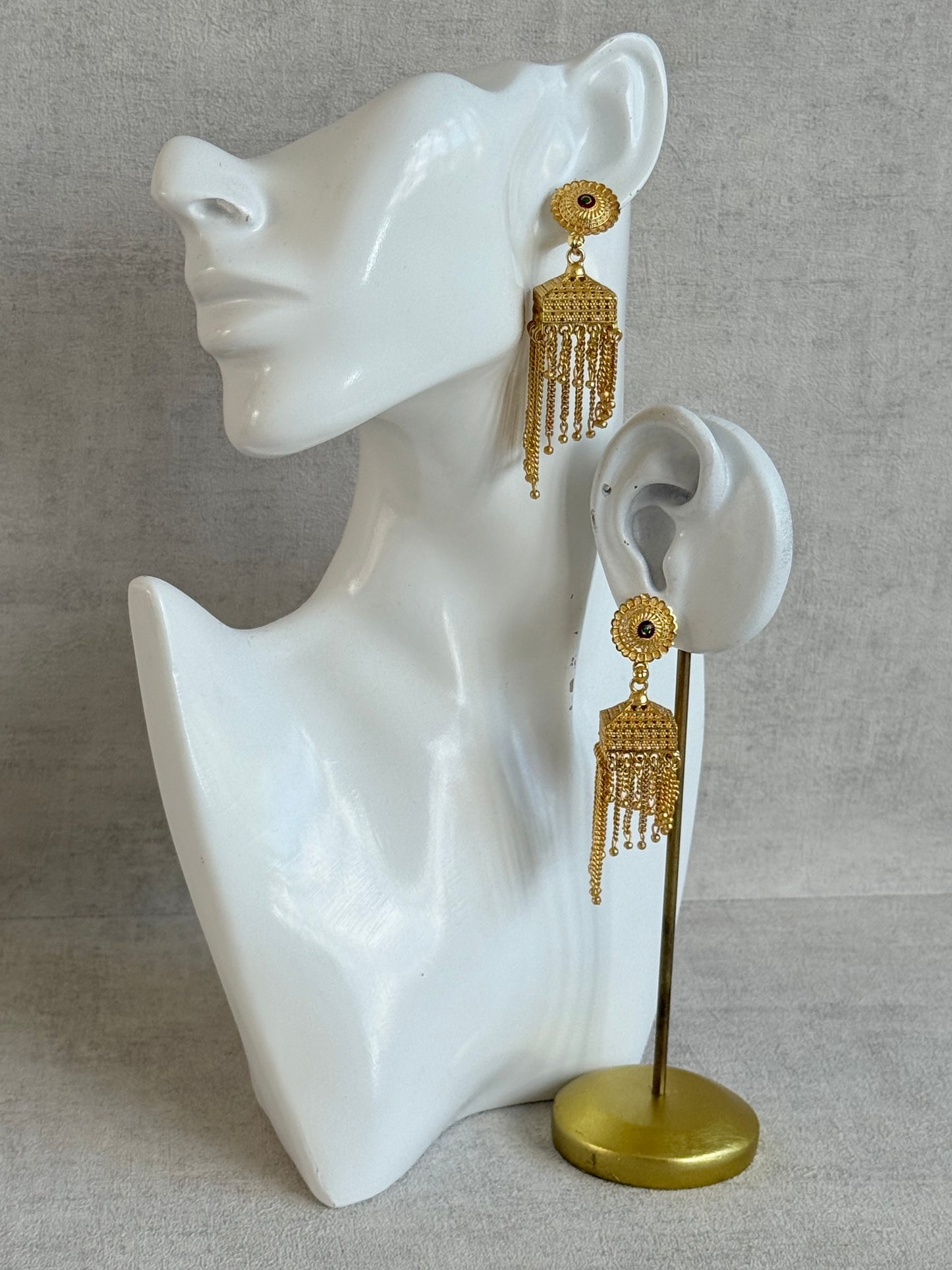 Ayura Designs Raati Jhumkis – Gold Chain Tassel Statement Earrings