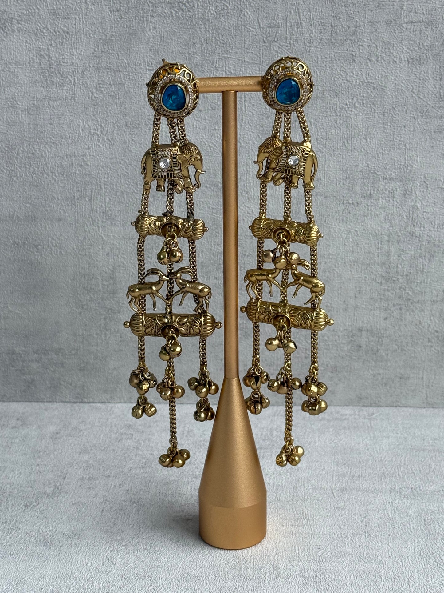 Ayura Designs Sonal Earrings – Antique Gold Dangler Earrings with Elephant & Deer Motifs, Blue Stone Tops & Ghungroo Detailing