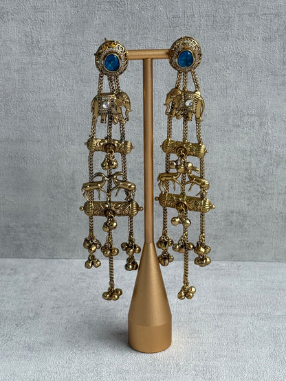 Ayura Designs Sonal Earrings – Antique Gold Dangler Earrings with Elephant & Deer Motifs, Blue Stone Tops & Ghungroo Detailing