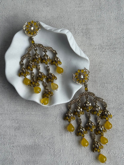 Ayura Designs Jasmine Earrings – Chandelier Statement Earrings with Yellow Beads & Antique Gold Finish