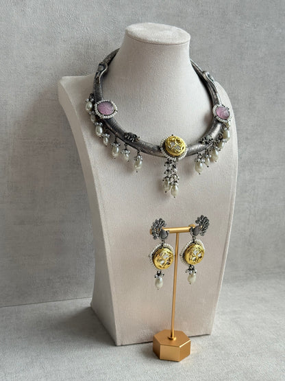 Ayura Designs Zareen Torque Necklace Set with Earrings – Dual Tone Oxidised Collar Necklace with Coin Detailing, Pearl Drops & Peacock Motifs