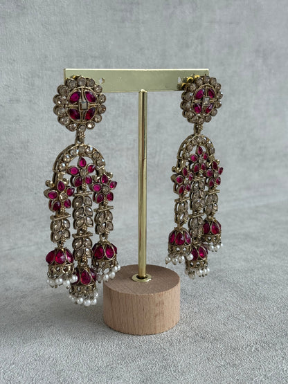 Ayura Designs Soraya Earrings – Fuchsia & Champagne Stones with Pearl Drops & Gold Finish