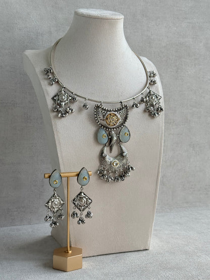 Ayura Designs Jiyana Collar Necklace Set – Dove Grey Carved Teardrop Stones & Oxidised Silver Finish
