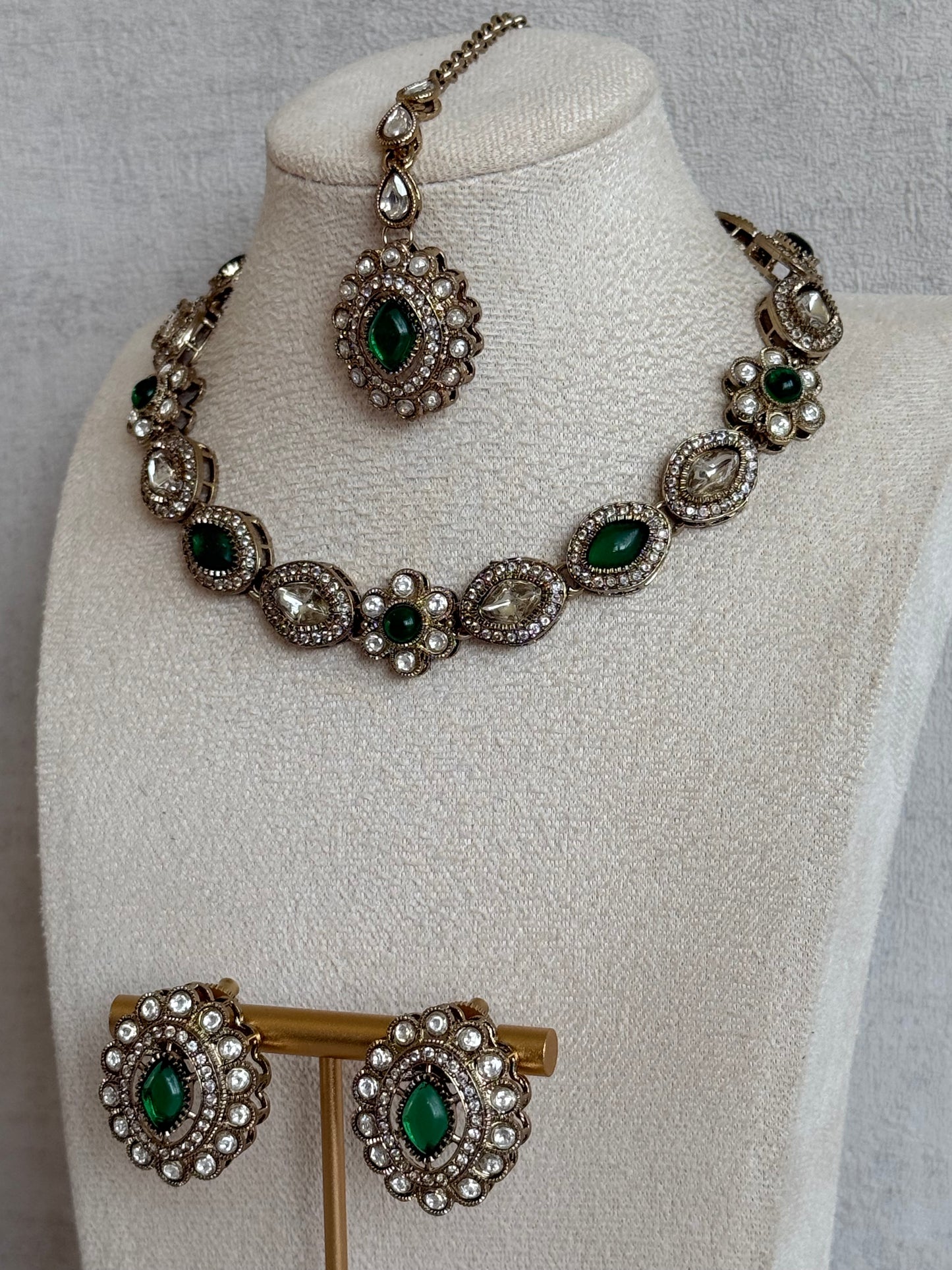 Ayura Designs Ivy Necklace Set with Studs & Tikka – Emerald Green Kundan Detailing