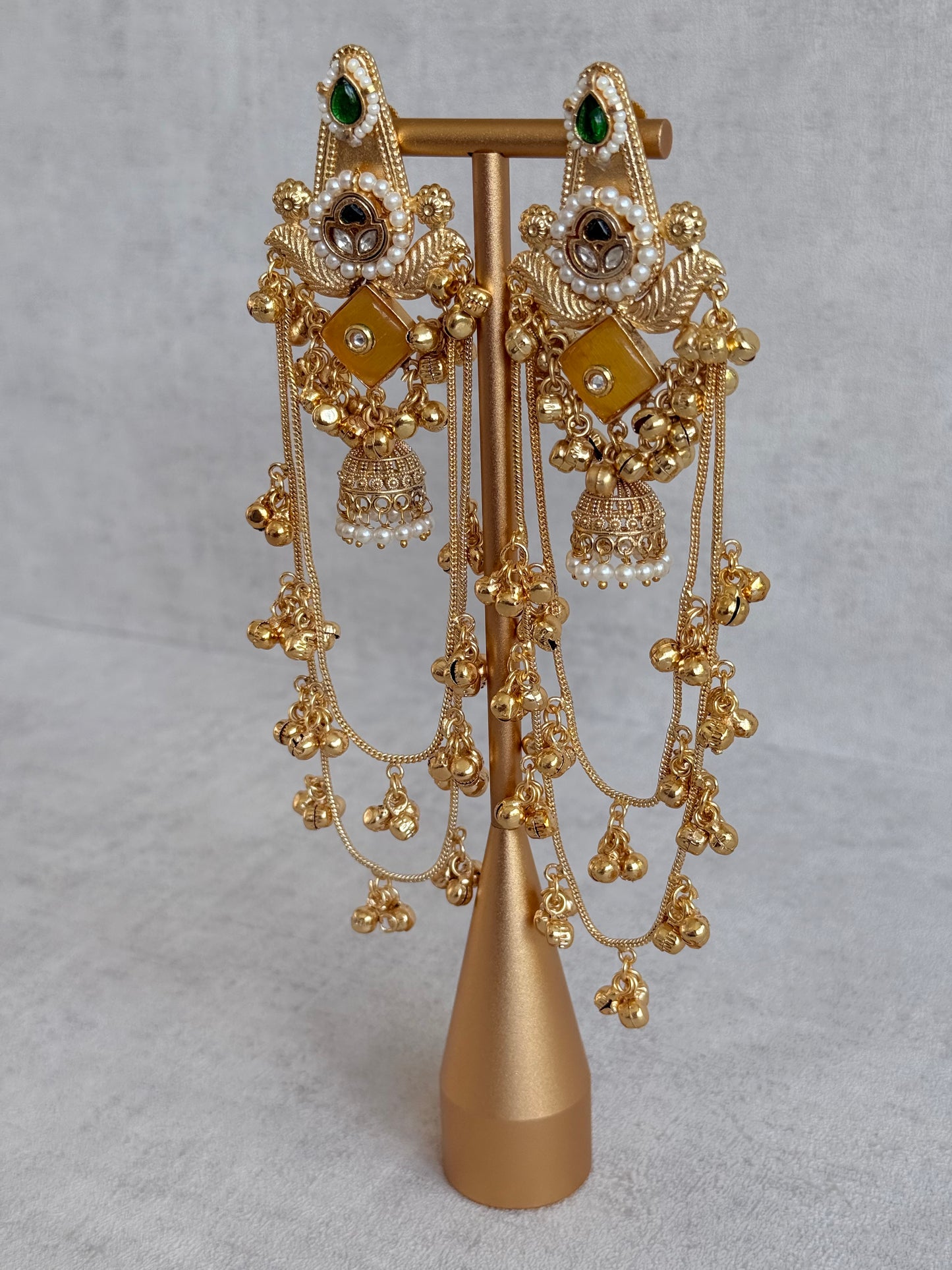 Ayura Designs Simal Earrings – Kashmiri Earrings with Amber Stone, Multicoloured Detailing, Layered Ghungroo Chains & Jhumkis