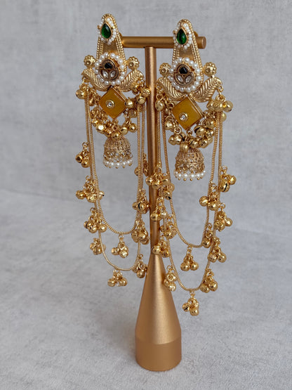 Ayura Designs Simal Earrings – Kashmiri Earrings with Amber Stone, Multicoloured Detailing, Layered Ghungroo Chains & Jhumkis