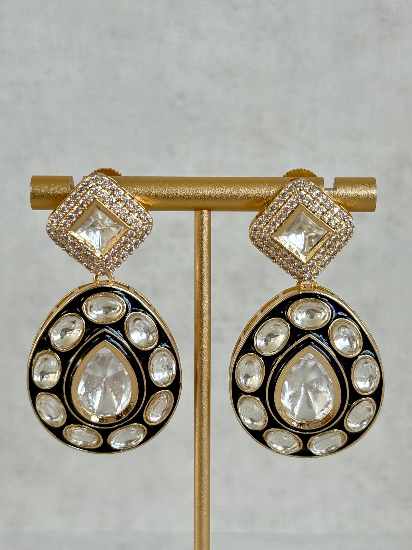 Ayura Designs Avani Set with Earrings & Tikka – Mirror-Cut Stones with Deep Blue Enamel Detailing & Crystal Borders