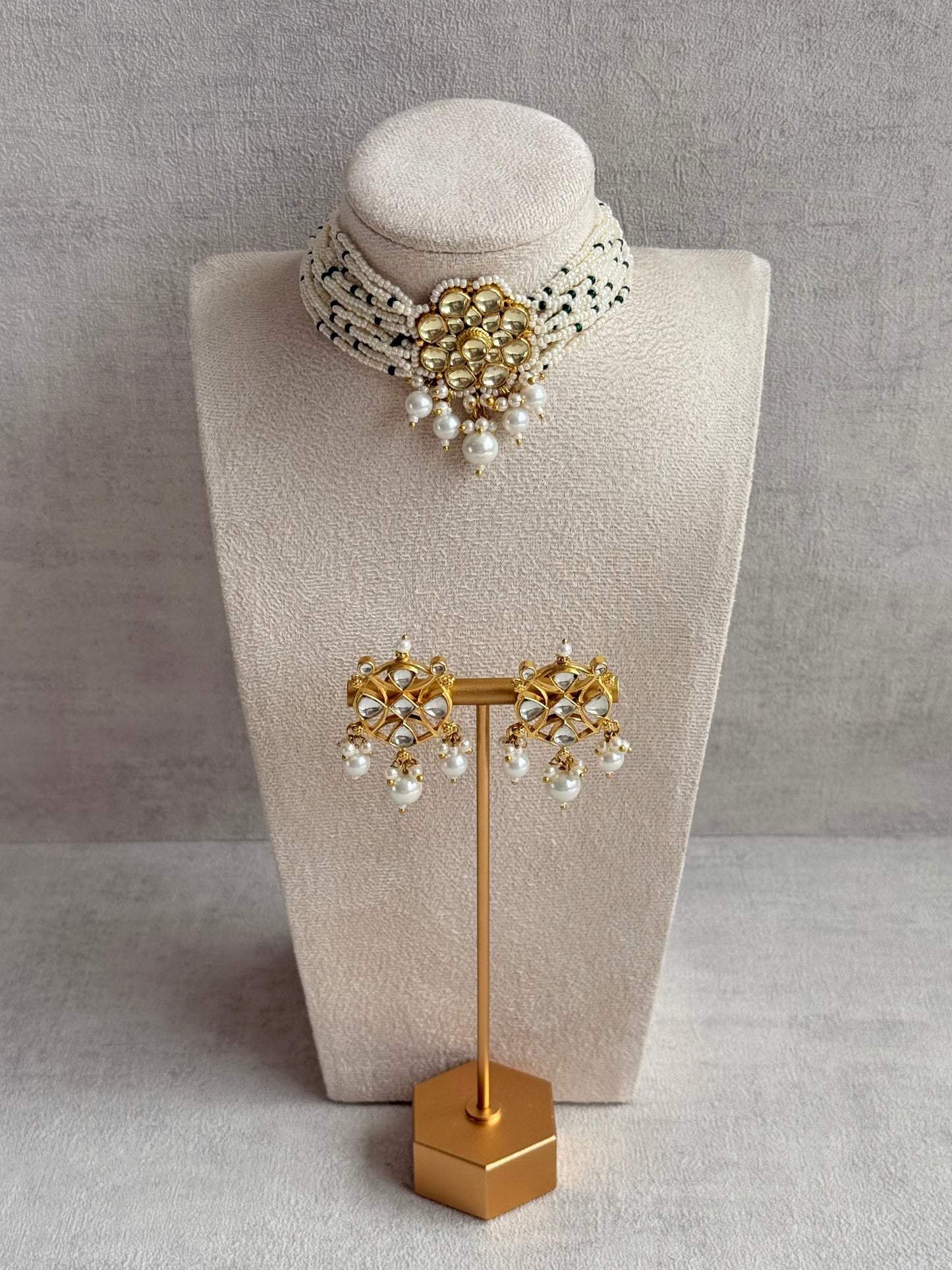 Ayura Designs Saaz Kundan Choker Set with Earrings & Pearl Multi Strand Detailing