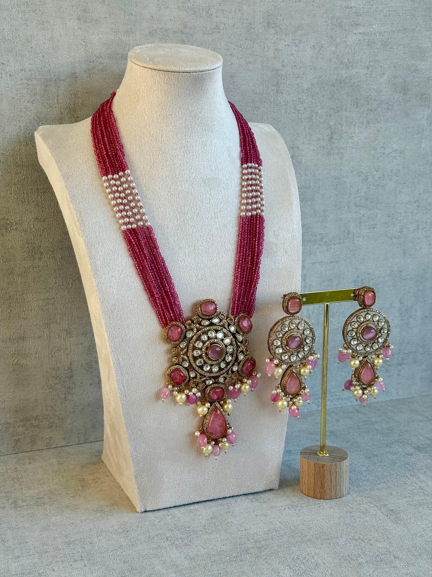 Ayura Designs Julia Set – Kundan Necklace & Earrings with Rose Pink Stones, Pearls & Crystal Detailing