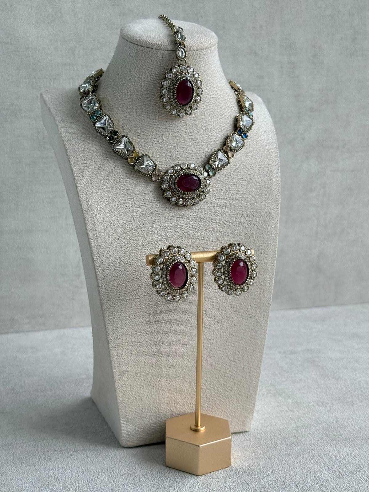 Ayura Designs Inza Necklace Set – Rani Pink, Multicolour Stones, Kundan & Crystals with Antique Gold Finish